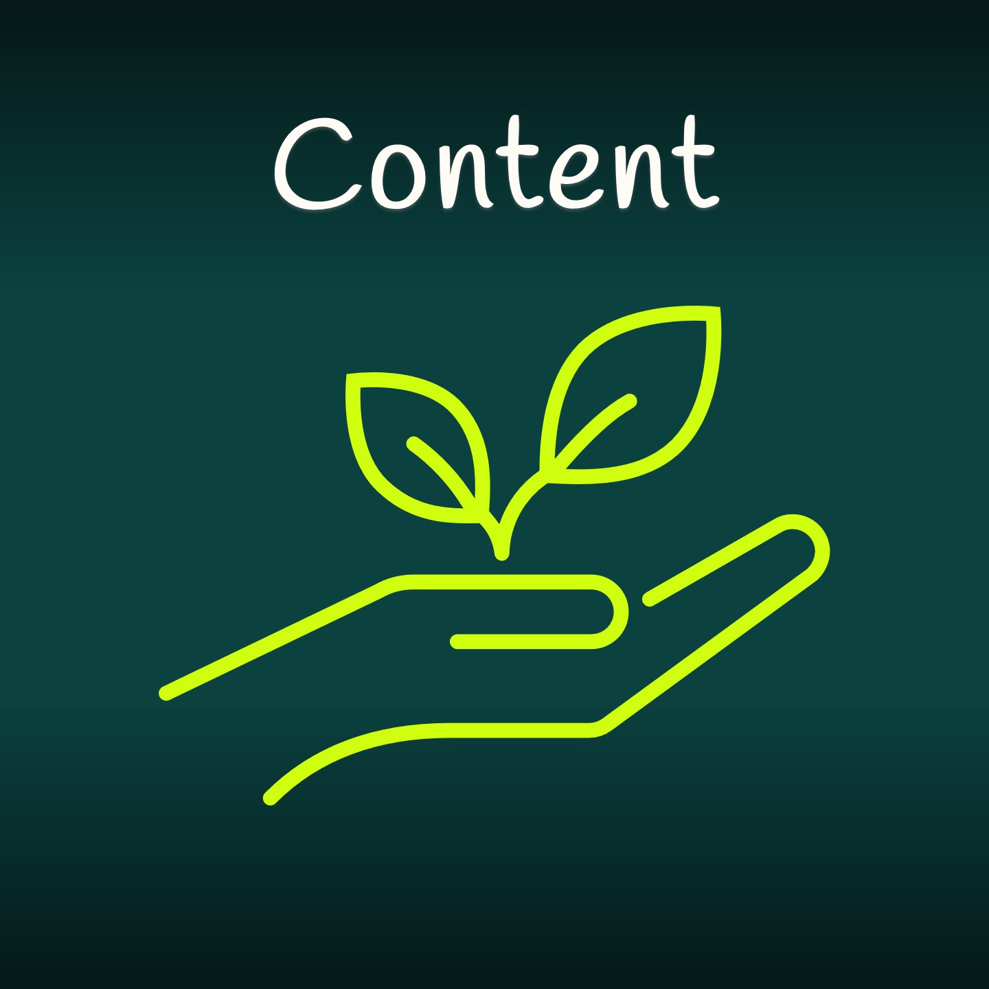 Dunkelgrüner Hintergrund, oben weißer Schriftzug "Content" darunter in hellgrün eine piktografische Darstellung einer geöffneten Hand, die einen Pflanzensetzling hält.