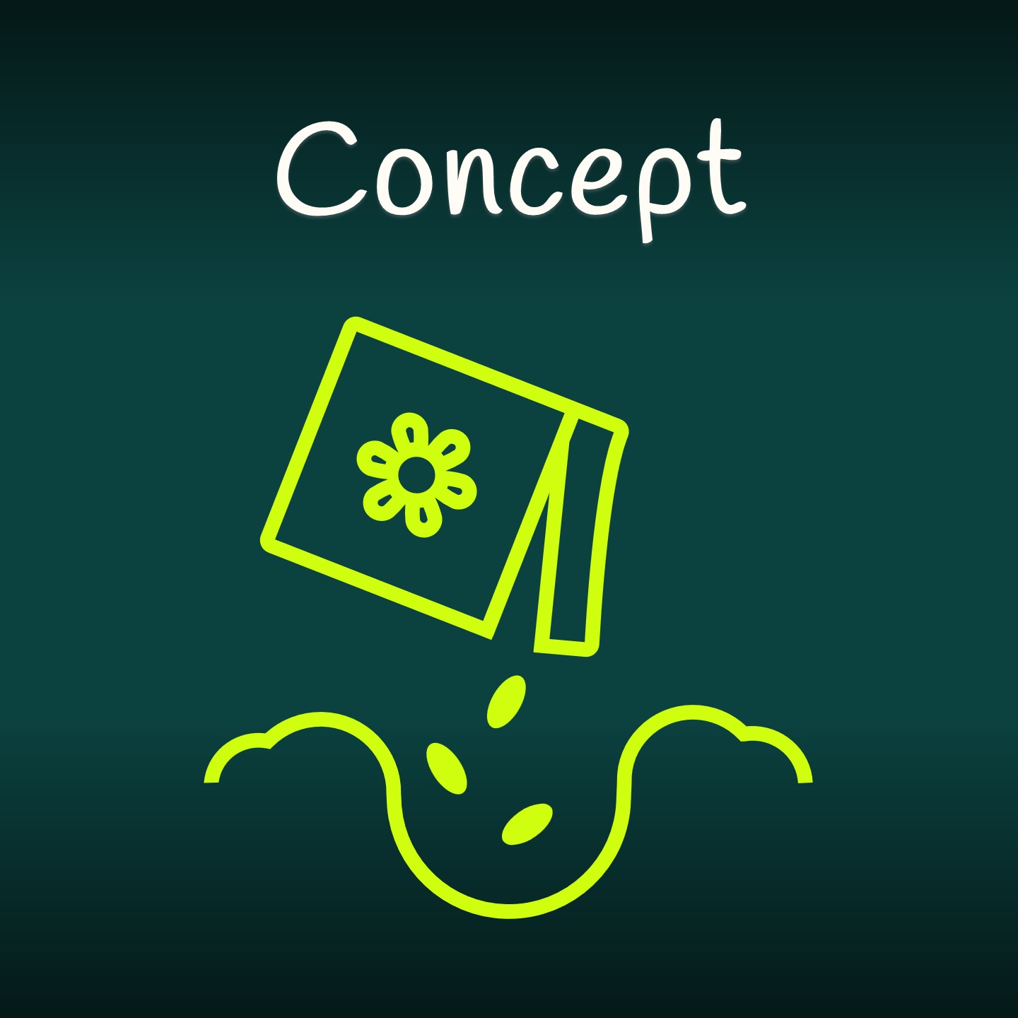 Dunkelgrüner Hintergrund, oben weißer Schriftzug "Concept" darunter in hellgrün eine piktografische Darstellung einer Saatguttüte, aus welcher Samen in eine Vertiefung in der Erde fallen. 